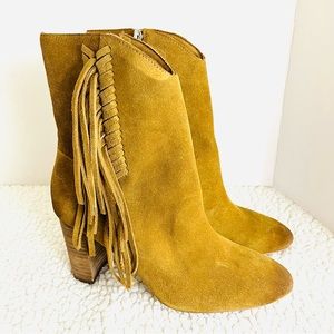 Charles David Mustard Suede Fringe Ankle Boots
